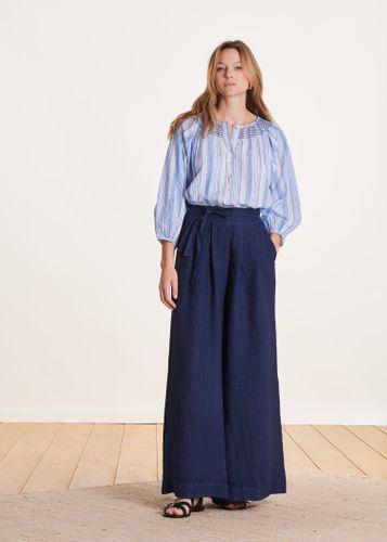 Pantalon large bleu marine en lin taille haute - La Fée Maraboutée - Modalova
