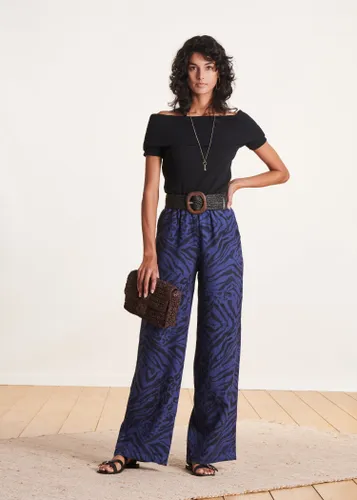 Pantalon large bleu en lin à imprimé animalier - La Fée Maraboutée - Modalova