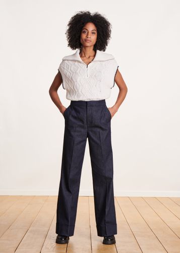 Pantalon droit bleu foncé en coton taille haute - La Fée Maraboutée - Modalova