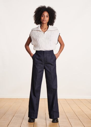 Pantalon droit bleu foncé en coton taille haute - La Fée Maraboutée - Modalova