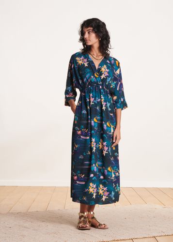 Robe longue bleu pétrole à imprimé - La Fée Maraboutée - Modalova