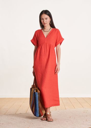 Robe longue en lin corail manches courtes - La Fée Maraboutée - Modalova