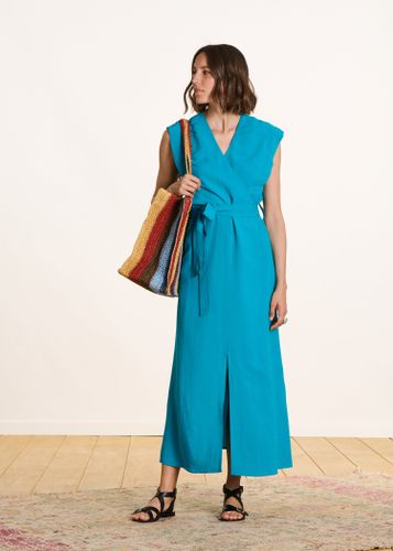Robe mi-longue fendue cache-caur bleu - La Fée Maraboutée - Modalova
