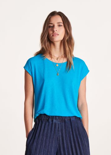 T-shirt droit bleu azur col rond en lyocell lin - La Fée Maraboutée - Modalova