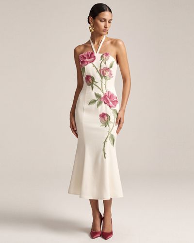 Robe midi dos nu avec broderies roses - Blanc cassé - JW PEI - Modalova