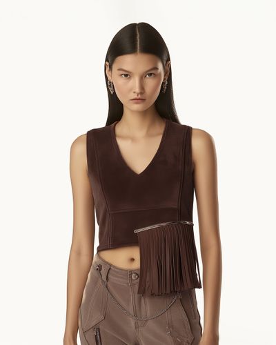 Haut à franges en suédine avec col en V – Marron chocolat - JW PEI - Modalova