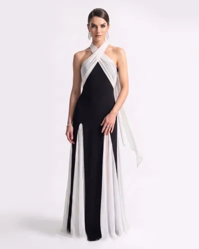 Robe longue croisée à dos nu, drapée et fendue contrastante - Noir & Blanc - JW PEI - Modalova