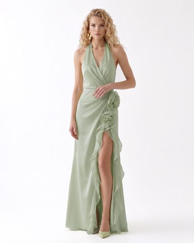 Robe longue drapée à dos nu, rosette et fente - Vert clair - JW PEI - Modalova
