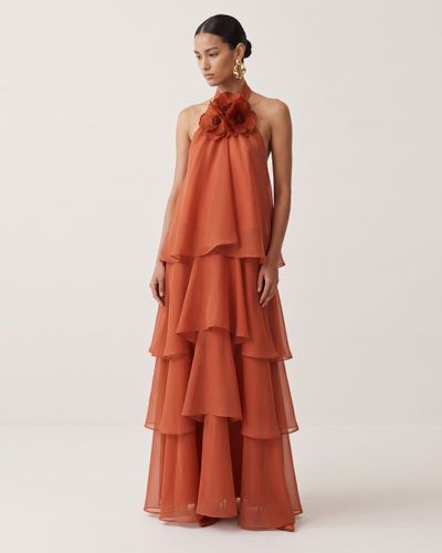 Poppy Robe longue à volants superposés et dos nu brodé - Orange brûlé - JW PEI - Modalova
