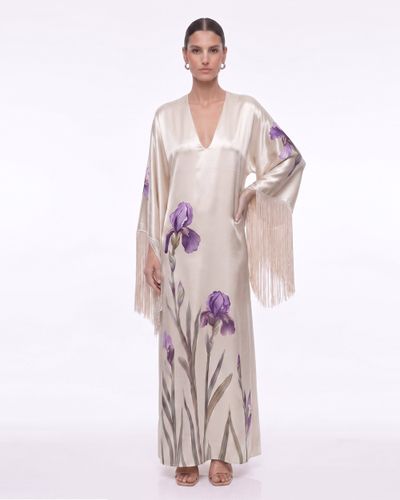 Robe longue à col en V avec manches à franges et imprimé Iris - Champagne - JW PEI - Modalova