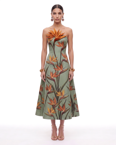 Robe midi trapèze bustier à appliqué oiseau de paradis - Vert sauge - JW PEI - Modalova