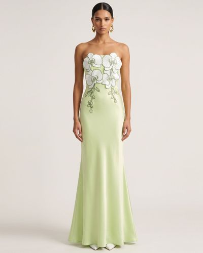 Robe longue fendue en satin sans bretelles avec fleurs 3D - Vert clair - JW PEI - Modalova