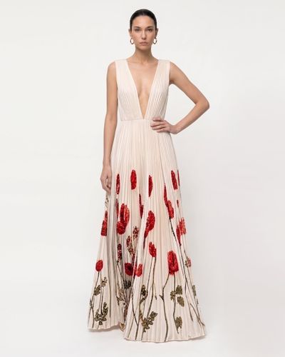 Robe longue plissée à décolleté plongeant et imprimé coquelicot - Ivoire - JW PEI - Modalova
