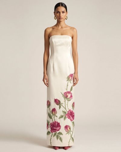 Robe longue sans bretelles avec broderies roses - Blanc pur - JW PEI - Modalova