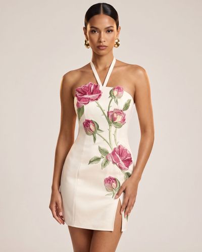 Robe courte dos nu avec broderies roses et fente latérale - Blanc pur - JW PEI - Modalova