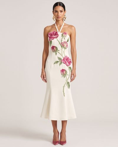 Robe midi dos nu avec broderies roses - Blanc cassé - JW PEI - Modalova