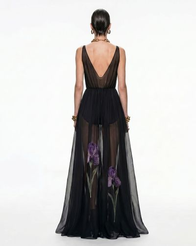 Robe maxi en voile à imprimé floral - Noir - JW PEI - Modalova