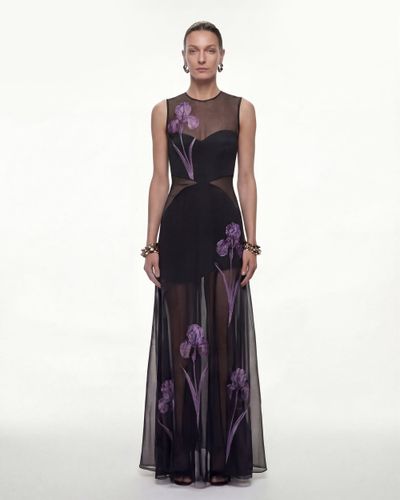 Robe maxi à empiècements en voile à imprimé floral - Noir - JW PEI - Modalova