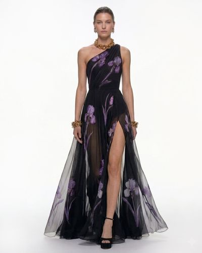 Robe maxi fleurie à une épaule - Noir - JW PEI - Modalova