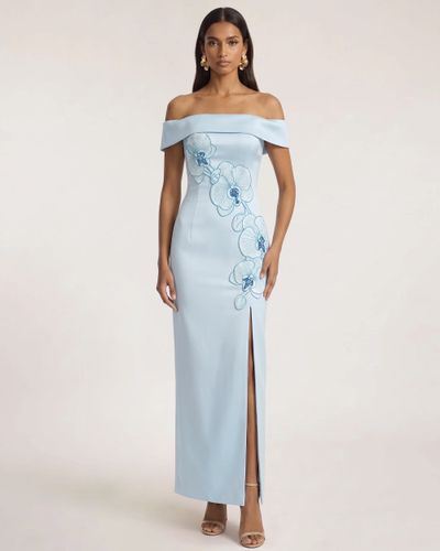 Robe longue épaules dénudées à orchidées brodées - Bleu - JW PEI - Modalova