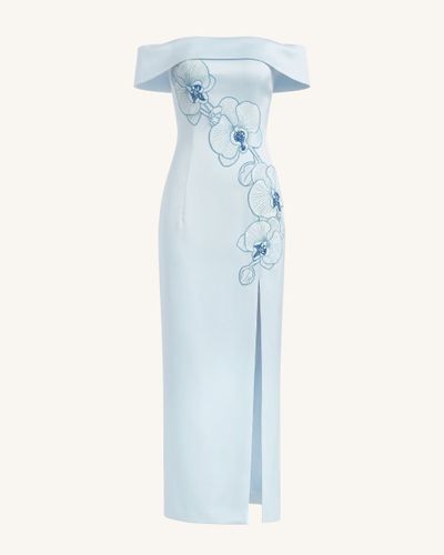 Robe longue épaules dénudées à orchidées brodées - Bleu - JW PEI - Modalova