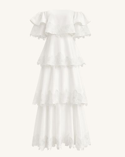 Robe longue à épaules dénudées, étages et broderies orchidées - Blanc - JW PEI - Modalova
