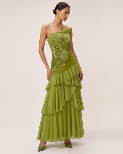 Robe longue asymétrique à volants et broderie orchidée - Vert olive - JW PEI - Modalova