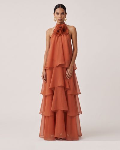 Poppy Robe longue à volants superposés et dos nu brodé - Orange brûlé - JW PEI - Modalova