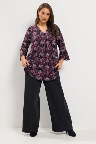 Top Plissé Sur Le Devant Noir Et Rose À Imprimé Cachemire Floral Size 46 - Yours - Modalova
