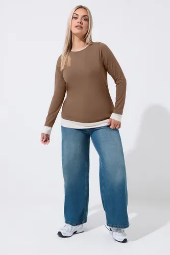 Tshirt Marron À Manches Longues Et Ourlet Contrastant Size 48 - Limited Collection - Modalova