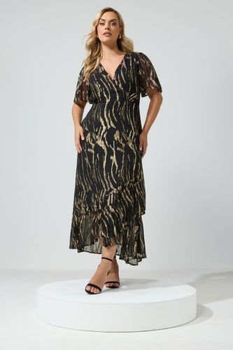 Robe Cachecœur Noir & Or Métallisé À Volants Size 40 - Yours London - Modalova