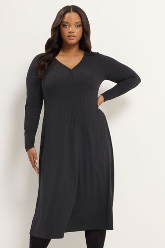 Robe Noire Côtelée À Encolure Boutonnée Size 46 - Yours - Modalova