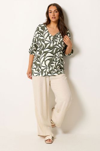 Top Vert Sauge Et Blanc À Manches Bouffantes Et Imprimé Feuilles Size 46 - Yours - Modalova