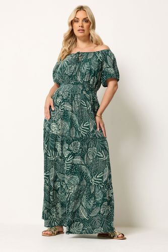 Robe Longue À Encolure Bardot Nouée Verte À Motif Feuilles Size 42 - Yours - Modalova