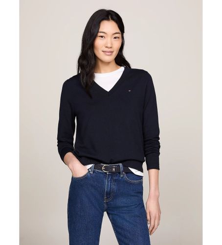 Til kvinder. WW0WW42049 Heritage V-hals navy trøje (L), Casual, Lange ærmer, Økologisk bomuld, Bæredygtig - Tommy Hilfiger - Modalova
