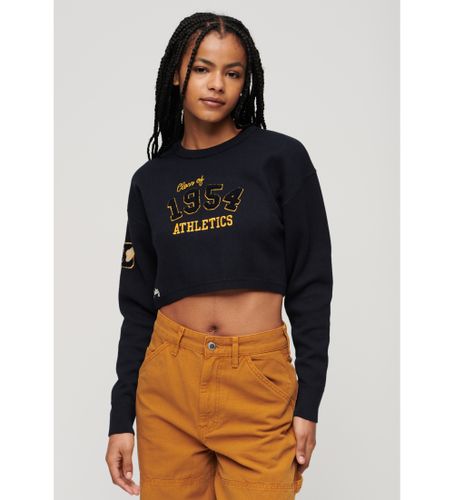 Til kvinder. W6110537A Varsity navy kort pullover med rund hals (XS), Casual, Lange ærmer, Økologisk bomuld, Bæredygtig - Superdry - Modalova