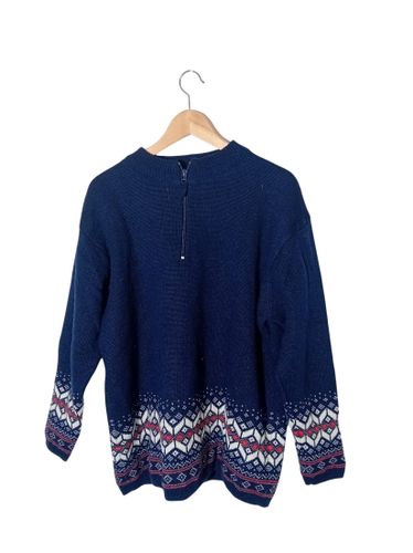 Pull en laine mérinos marine à motifs nordiques (V3817) - Label Emmaus - Modalova