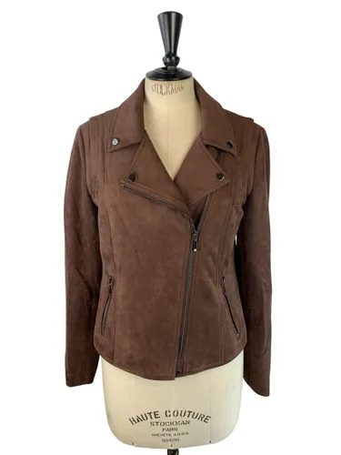 Riu Paris — Perfecto en suédine à surpiqûres — chocolat — Neuf d'invendu Riu — Taille S / M (estimé) - Label Emmaus - Modalova