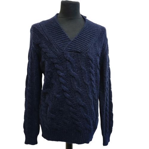 Pull tressé STILE marine col V — Taille L - Benetton - Modalova