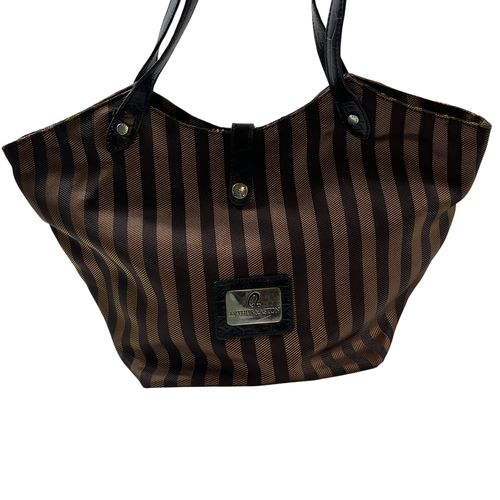 Sac cabas en toile rayé marron et , détail effet croco sur la anse - Arthur & Aston - Modalova