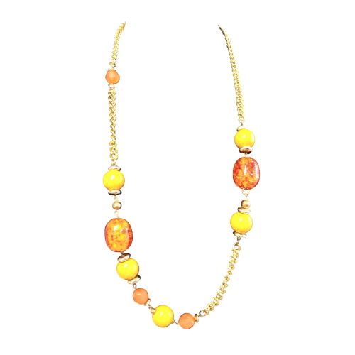 Collier chaîne en métal doré, grosses perles, tons orangées - Label Emmaus - Modalova