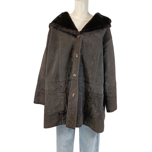 Manteau Claire Neuville anthracite en cuir - taille 54/56 capuche effet fourrure coupe ample - Label Emmaus - Modalova