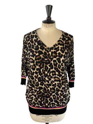 Riu Paris — Pull col V en maille léopard avec liserés néon — / Noir / Liserés multicolores — Neuf d'invendu Riu — Taille L (estimé) - Label Emmaus - Modalova