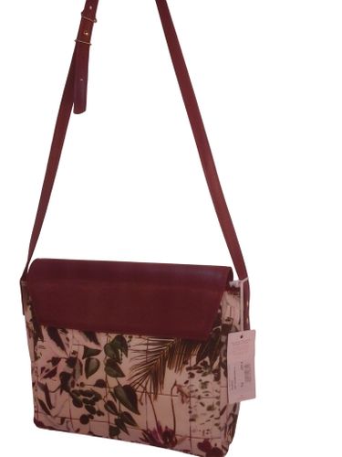 Sac bandoulière en cuir bordeaux et tissu imprimé tropical - NEUF AVEC ÉTIQUETTE - Label Emmaus - Modalova