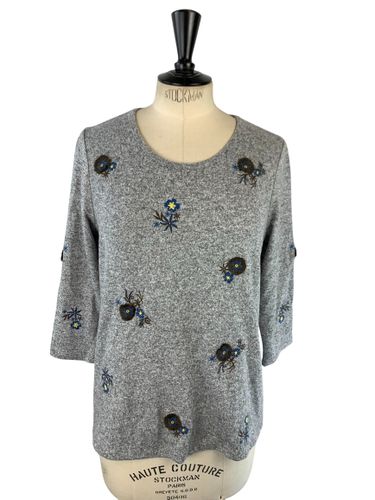 Riu Paris — Pull fin en maille chinée broderies florales — chiné — Taille 1 (S / 36) - Label Emmaus - Modalova