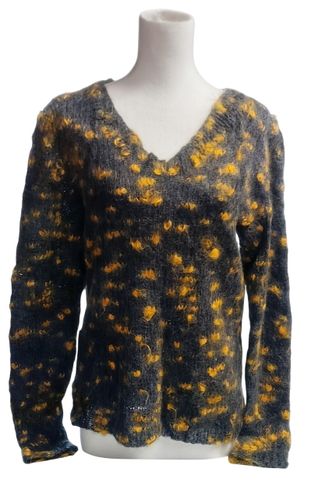 Pull vintage en laine à col V, gris anthracite et motifs moutarde - Label Emmaus - Modalova