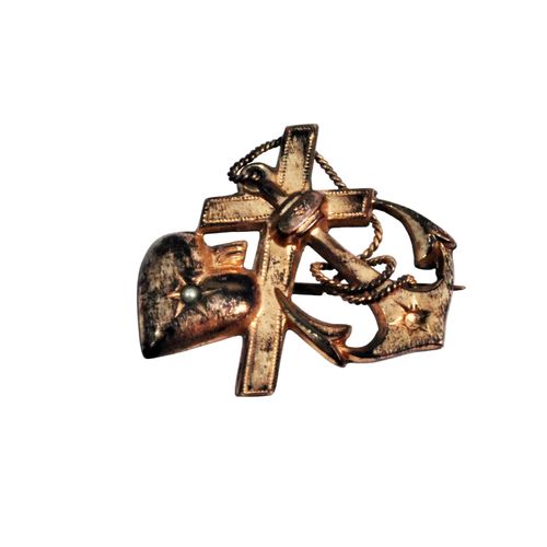Broche Ancienne & Perlée - Ancre Marine Coeur Sacré & Croix Chrétienne - Label Emmaus - Modalova