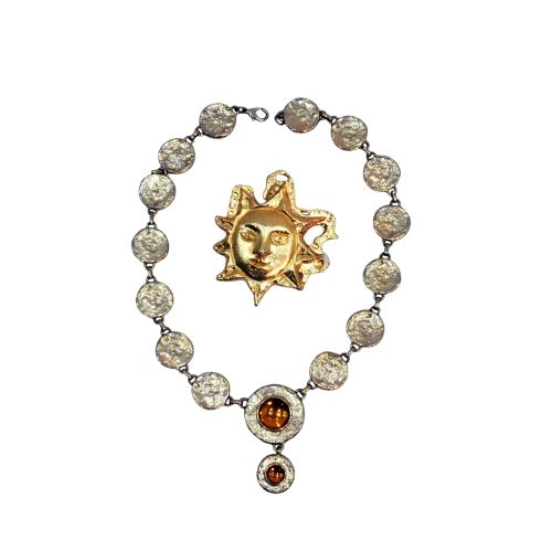Parure Soleil - Broche & Collier - Métal & Résine Ambrée - Label Emmaus - Modalova