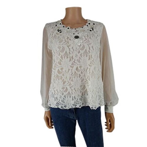 Blouse écrue imprimée à dentelle et perle - Taille 42/44 - Afibel - Modalova