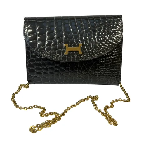 Sac à main vintage Paris - Cuir façon crocodile noir et chaîne dorée - Pourchet - Modalova